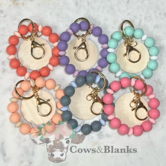 ALEXANDRA SILICONE BEADED STRETCH WRISTLET BRACELET KEYCHAIN WITH WOODEN DISC