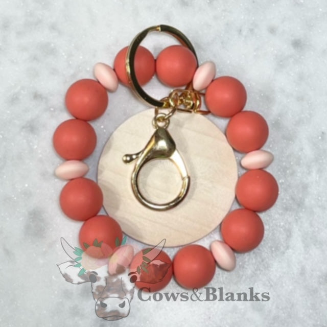 ALEXANDRA SILICONE BEADED STRETCH WRISTLET BRACELET KEYCHAIN WITH WOODEN DISC