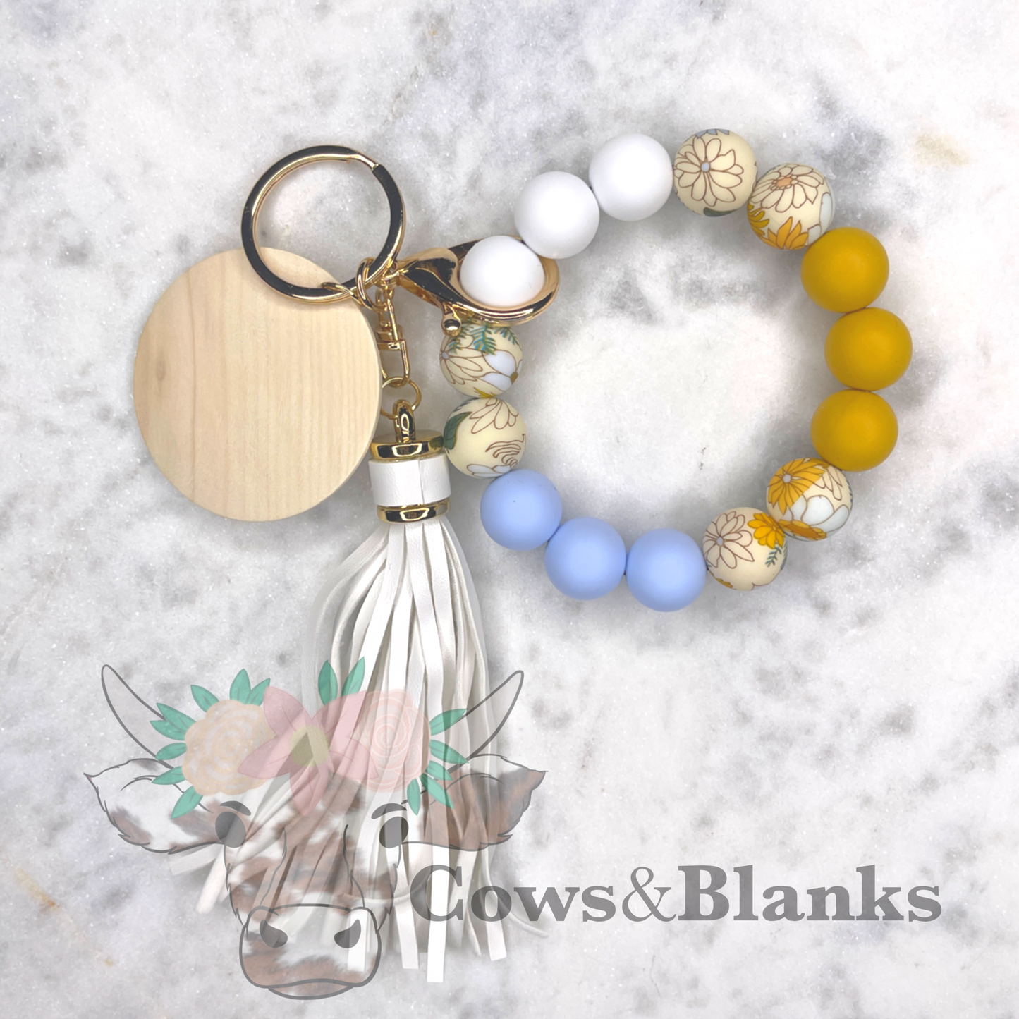Floral Silicone Stretch Wristlet Bracelet Keychain with Wooden Disc and Tassel