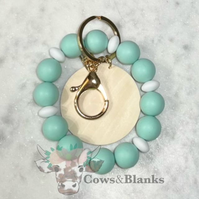 ALEXANDRA SILICONE BEADED STRETCH WRISTLET BRACELET KEYCHAIN WITH WOODEN DISC