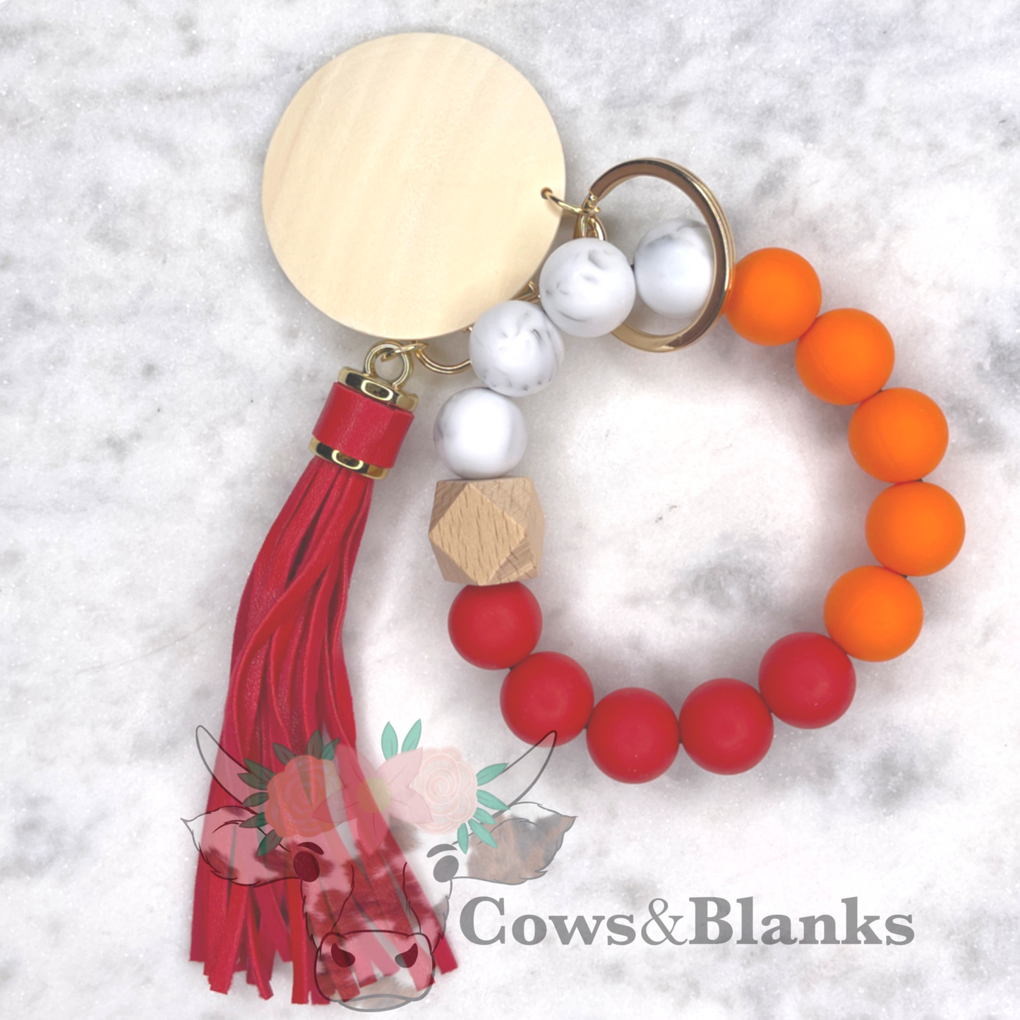 Marbled Orange, Red and Silicone Stretch Wristlet Bracelet Keychain with Wooden Disc and Tassel