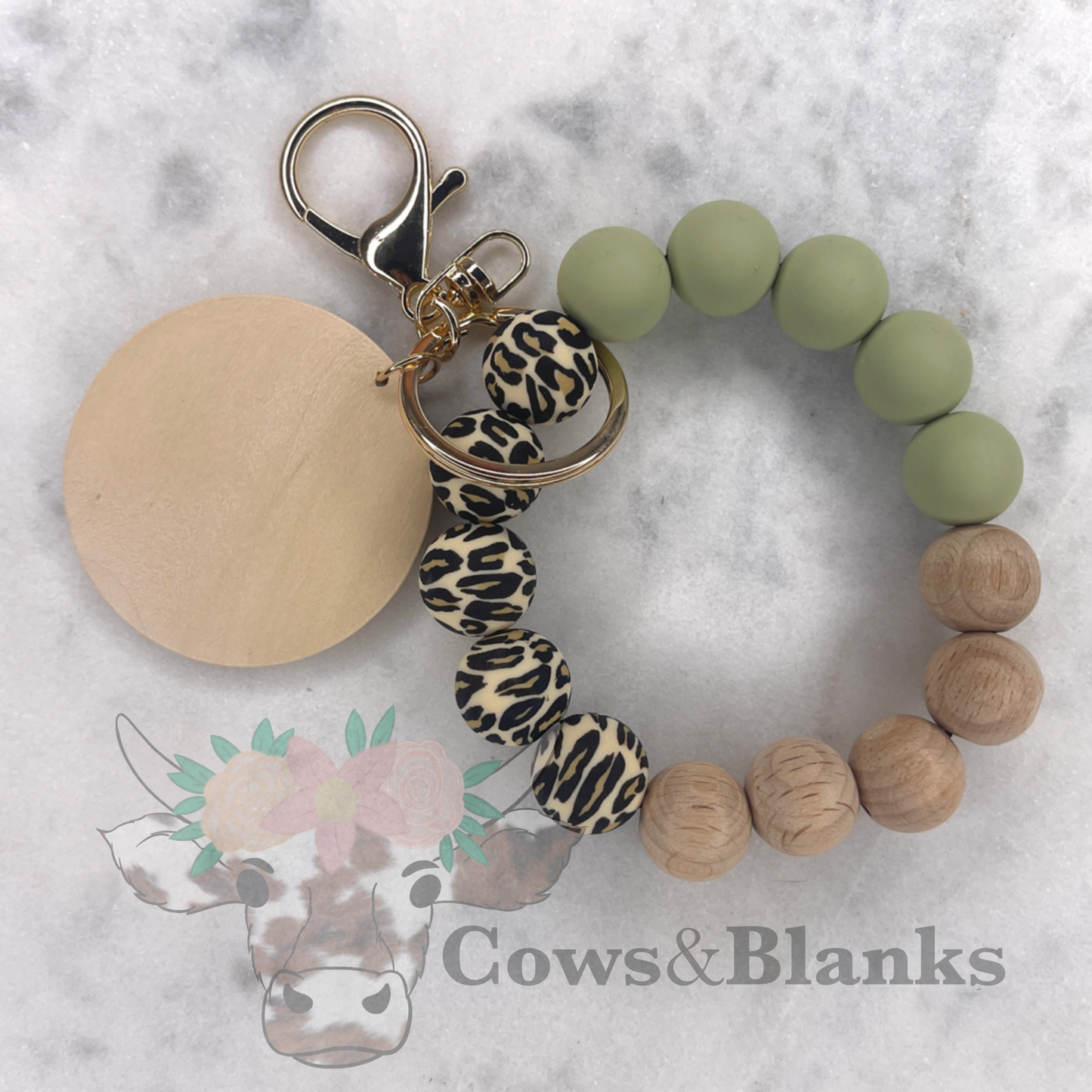 BOHO LEOPARD ACCENT SILICONE BEADED WRISTLET BRACELET WITH WOODEN DISC