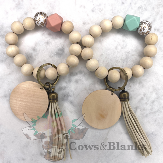 Gold Leopard Wooden Beaded Wristlet Bracelet Keychain
