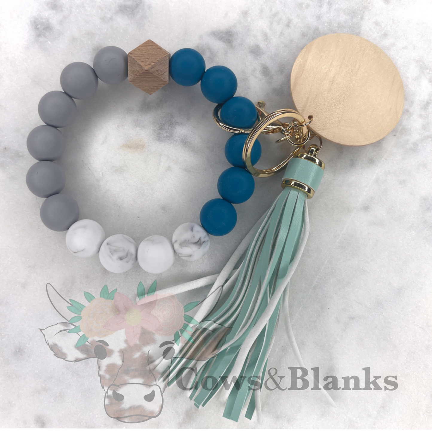 Gray Marbled Silicone Wristlet Bracelet Keychain with Wooden Disc and Tassel