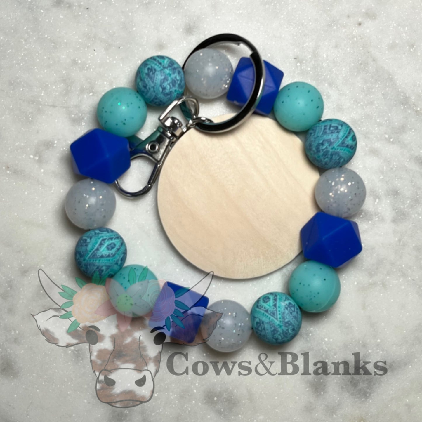 BLUE GLITTER SILICONE BEADED STRETCH WRISTLET BRACELET KEYCHAIN WITH WOODEN DISC
