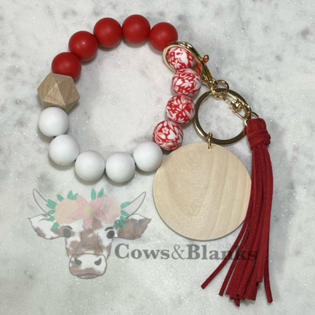 Floral Red & White Silicone Stretch Beaded Wristlet Bracelet Keychain with Wooden Disc