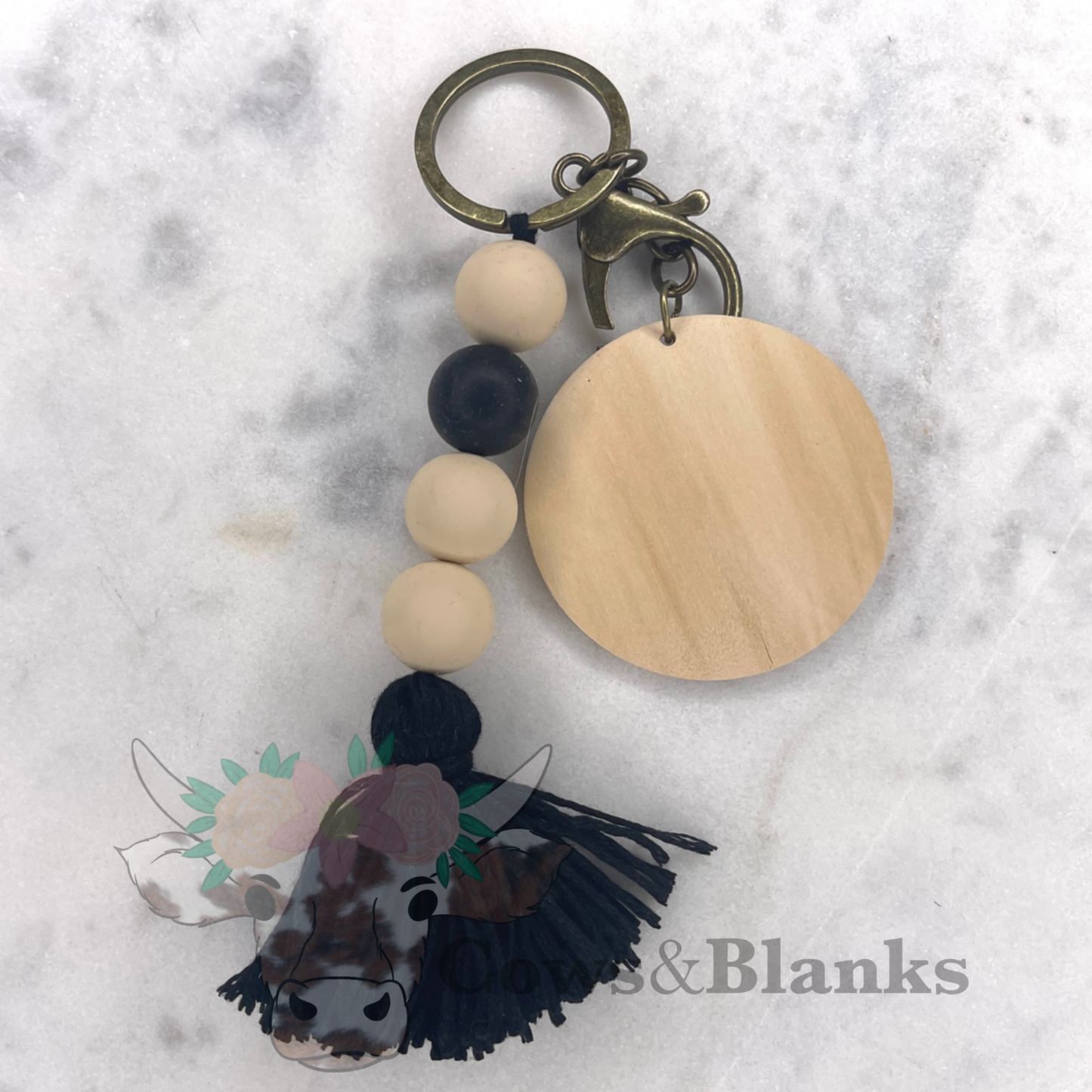 BOHO NATURAL BEADS KEYCHAIN WITH SILICONE BEADSWITH TASSEL WITH WOODEN DISC