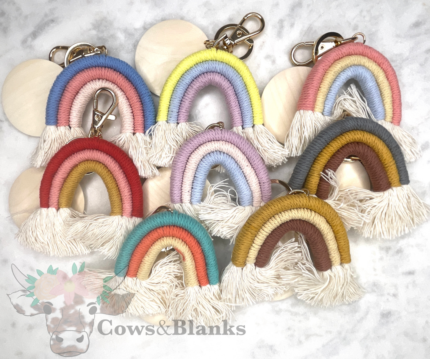 BOHO MACRAME RAINBOW KEYCHAINS WITH A WOODEN DISC