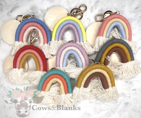 BOHO MACRAME RAINBOW KEYCHAINS WITH A WOODEN DISC