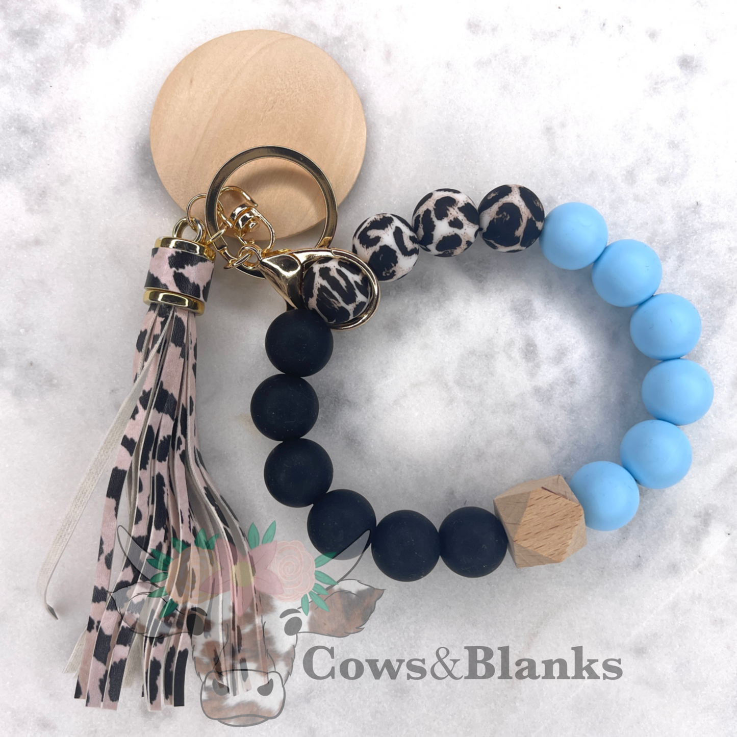 Leopard Accent Silicone Beaded Wristlet Bracelet Keychain