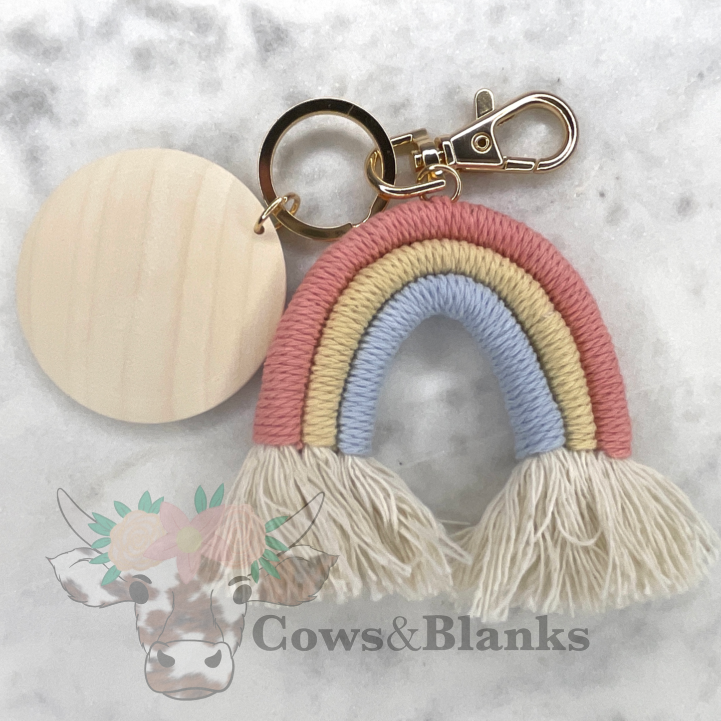 BOHO MACRAME RAINBOW KEYCHAINS WITH A WOODEN DISC