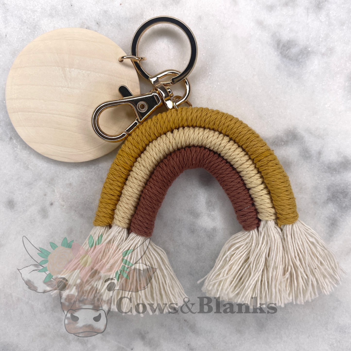 BOHO MACRAME RAINBOW KEYCHAINS WITH A WOODEN DISC