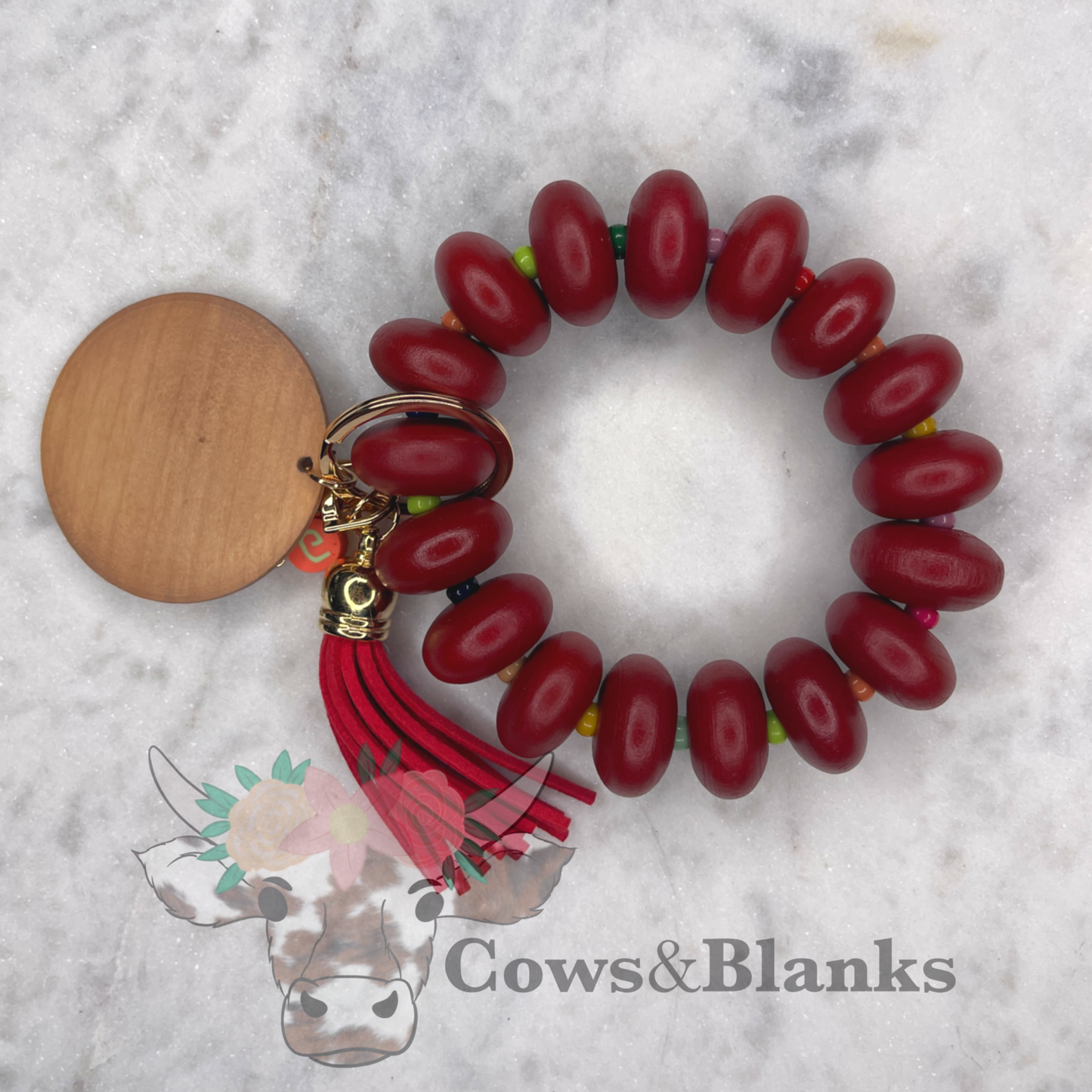 ABACUS COLORED BEADS WOODEN WRISTLET BRACELET KEYCHAIN WITH WOODEN DISC AND TASSEL