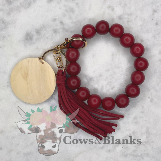 Maroon Wooden Beaded Wristlet Bracelet Keychain with Wooden Disc and Tassel