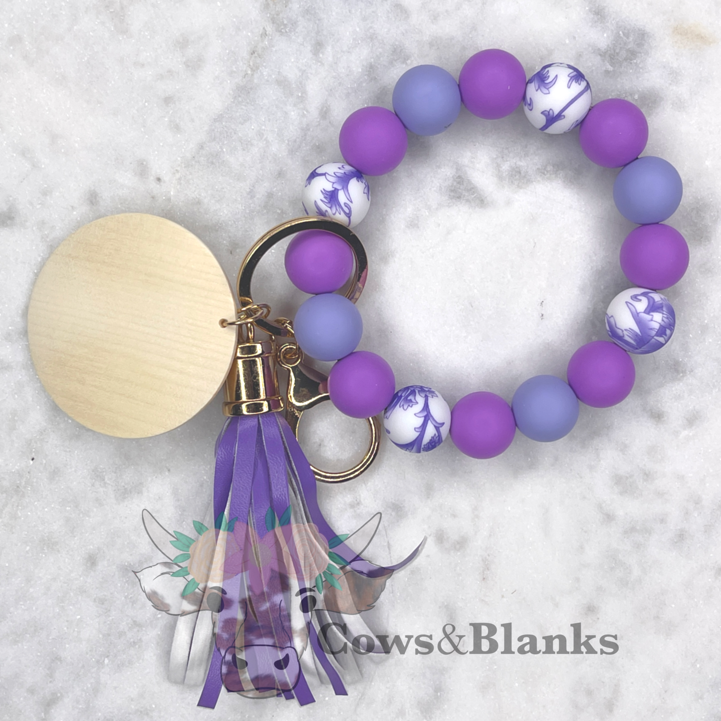 Purple Pioneer Woman Silicone Beaded Stretch Wristlet Bracelet Keychain with Wooden Disc and Tassel