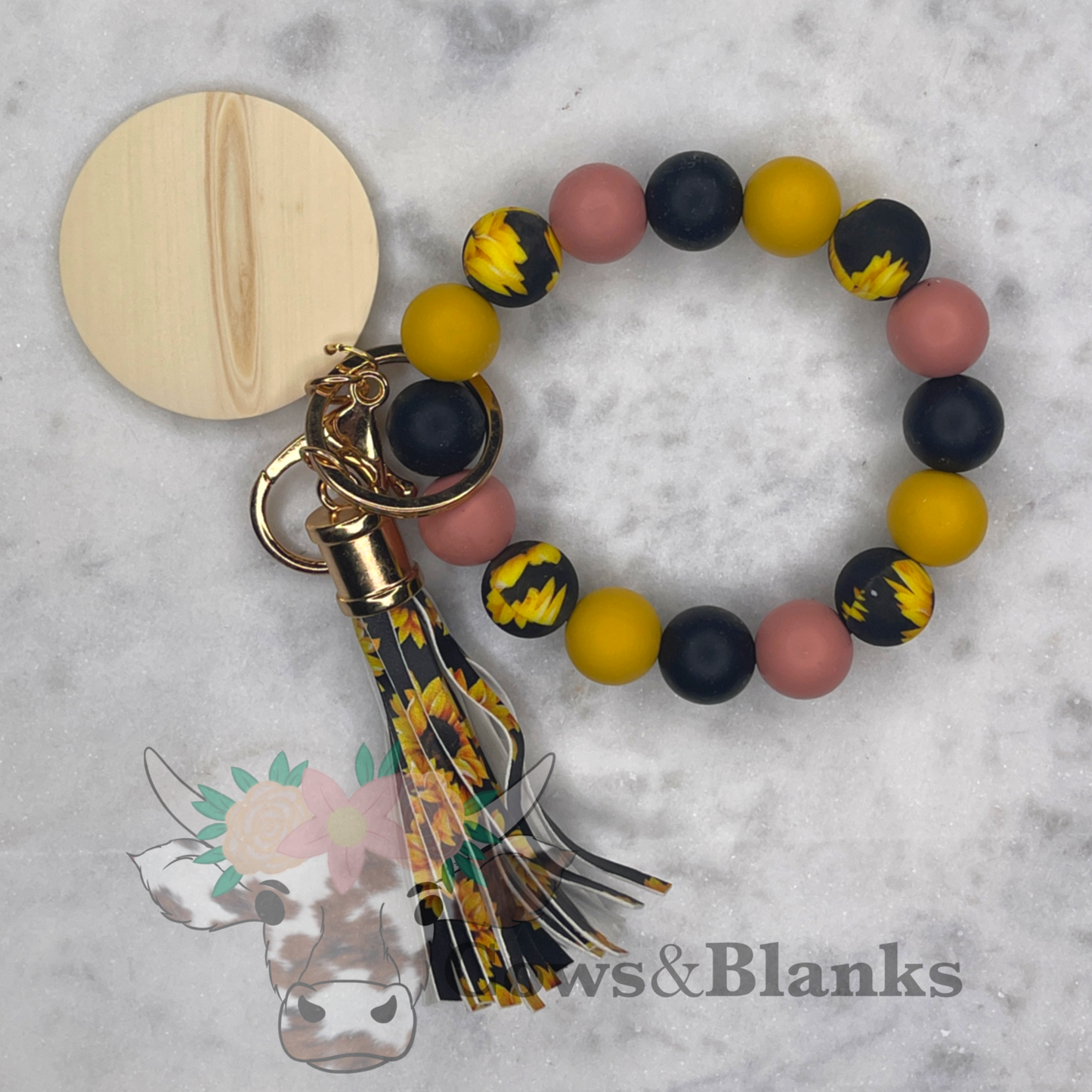 Sunflower Boho Floral Silicone Beaded Stretch Wristlet Bracelet Keychain with Wooden Disc and Sunflower Tassel