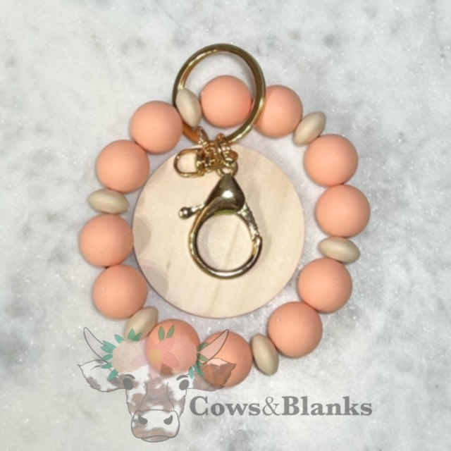 ALEXANDRA SILICONE BEADED STRETCH WRISTLET BRACELET KEYCHAIN WITH WOODEN DISC