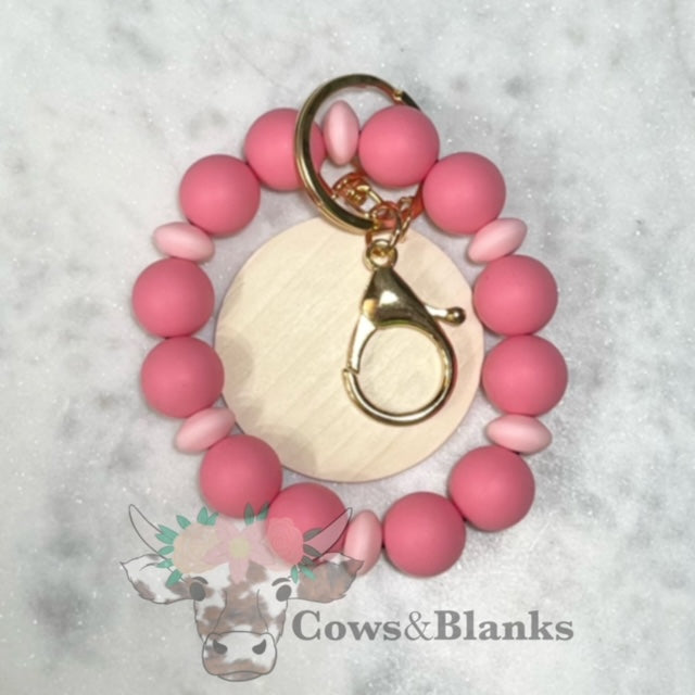 ALEXANDRA SILICONE BEADED STRETCH WRISTLET BRACELET KEYCHAIN WITH WOODEN DISC