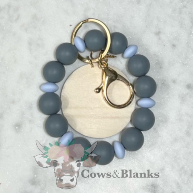 ALEXANDRA SILICONE BEADED STRETCH WRISTLET BRACELET KEYCHAIN WITH WOODEN DISC