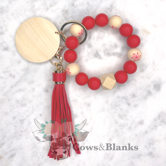 Christmas, Snowflake,Red Silicone and Wood Beaded Stretch Wristlet Bracelet Keychain with Wooden Disc and Tassel