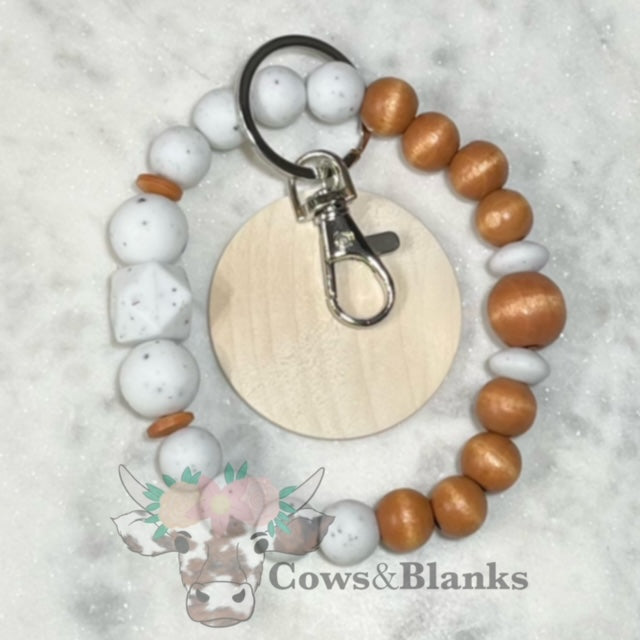 BILAYERED WOOD BEADED STRETCH WRISTLET BRACELET WITH WOODEN DISC