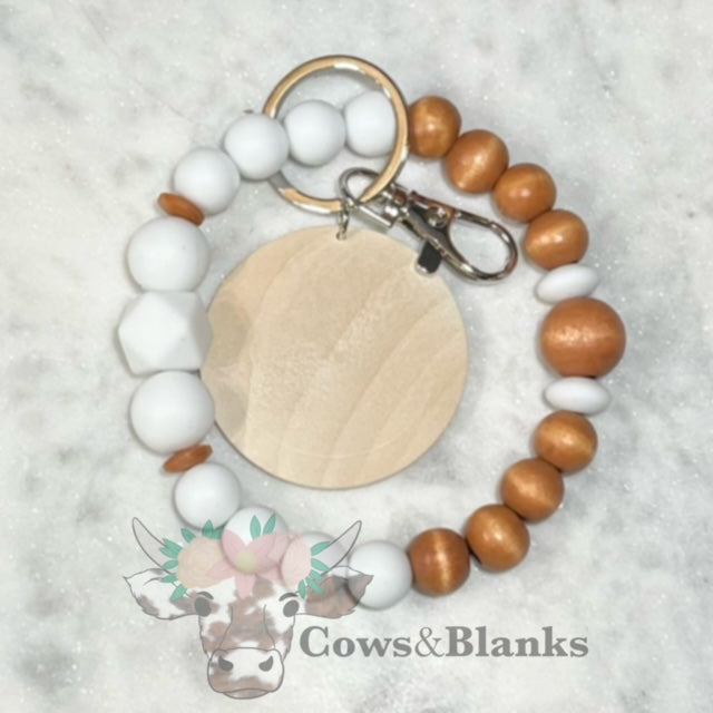 BILAYERED WOOD BEADED STRETCH WRISTLET BRACELET WITH WOODEN DISC