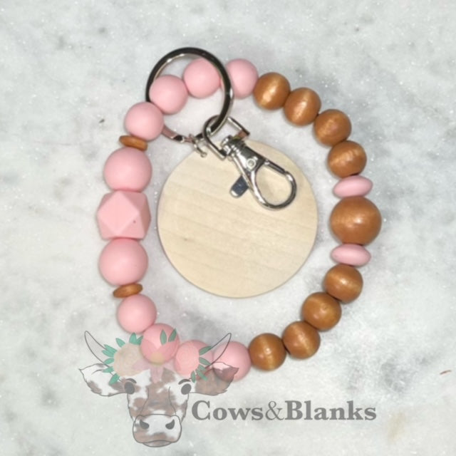 BILAYERED WOOD BEADED STRETCH WRISTLET BRACELET WITH WOODEN DISC