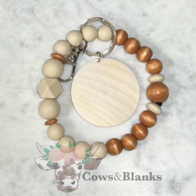 BILAYERED WOOD BEADED STRETCH WRISTLET BRACELET WITH WOODEN DISC