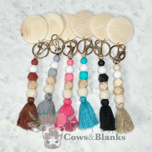 Boho Silicone Bead Tassel Keychain with Wooden Disc – Cows and Blanks