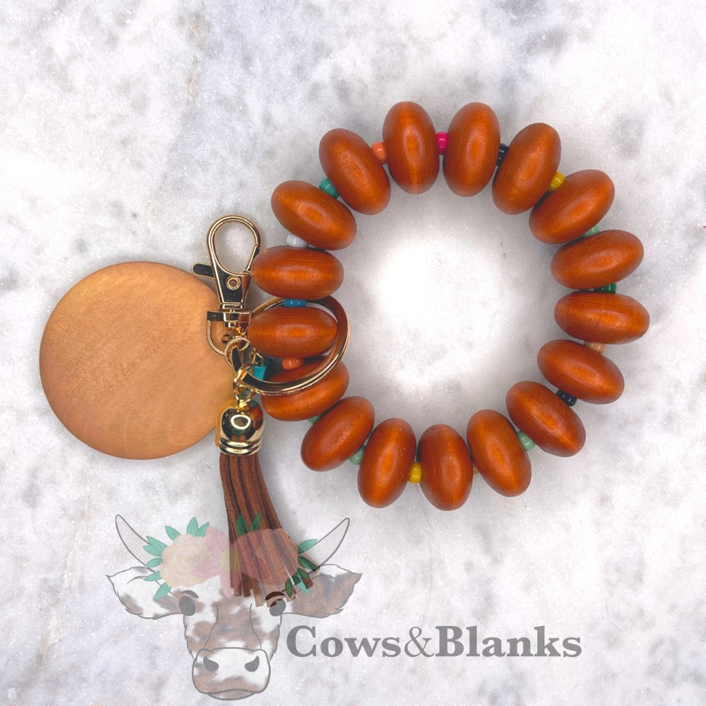 ABACUS COLORED BEADS WOODEN WRISTLET BRACELET KEYCHAIN WITH WOODEN DISC AND TASSEL