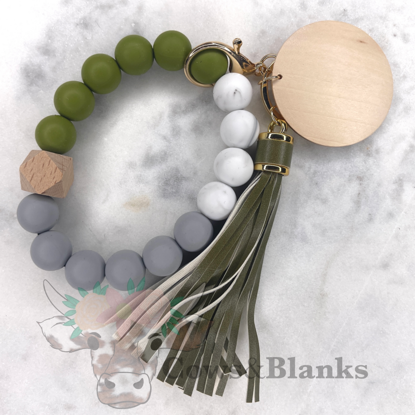 Gray Marbled Silicone Wristlet Bracelet Keychain with Wooden Disc and Tassel