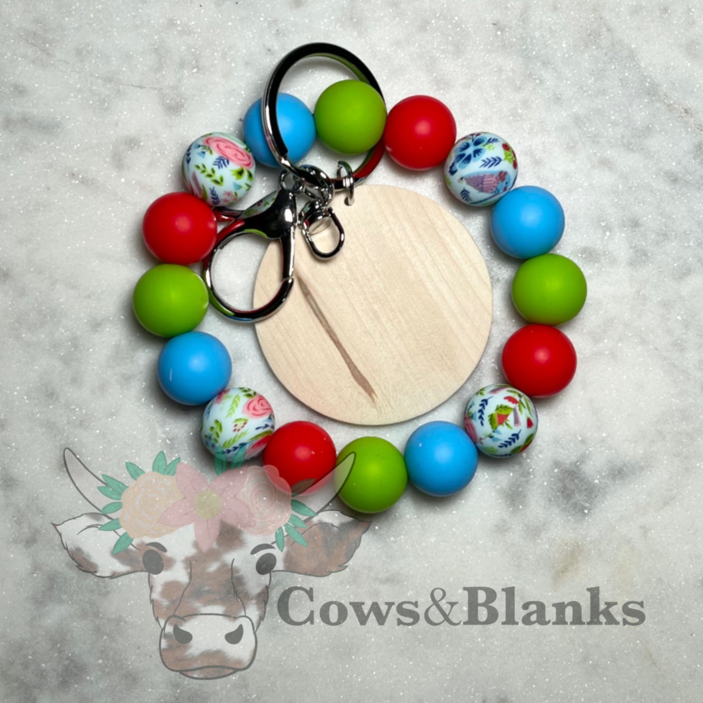 Tuscan Dan and Flowers Beaded Stretch Wristlet Bracelet Keychain with Wooden Disc