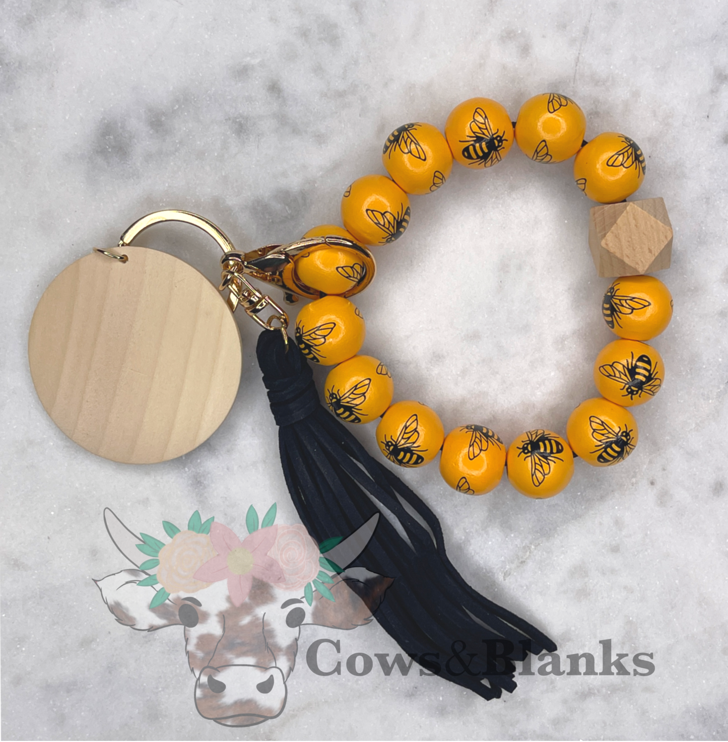 BEE THEMED WOODEN BEAD STRETCH WRISTLET BRACLET WITH WOODEN DISC AND TASSEL