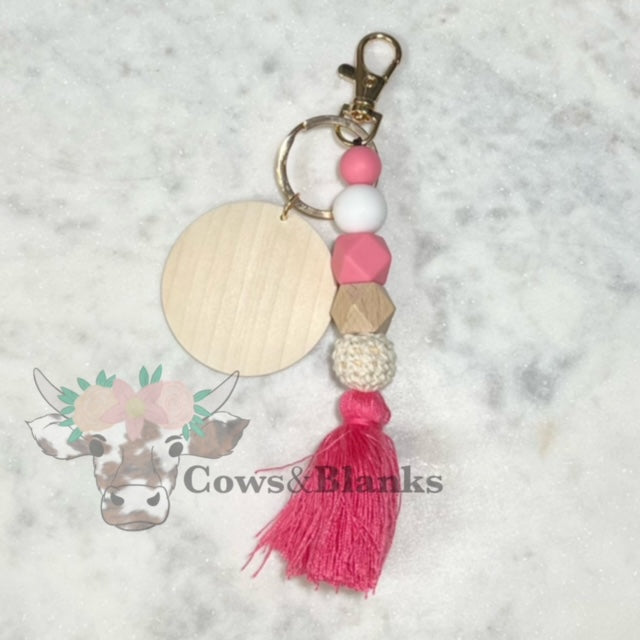 BOHO SILICONE BEADED MACRAME TASSEL KEYCHAIN WITH WOODEN DISC