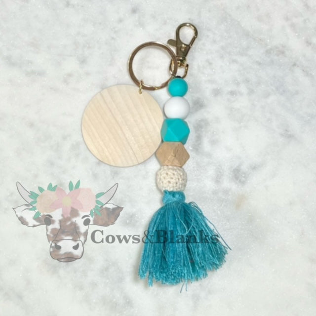 BOHO SILICONE BEADED MACRAME TASSEL KEYCHAIN WITH WOODEN DISC