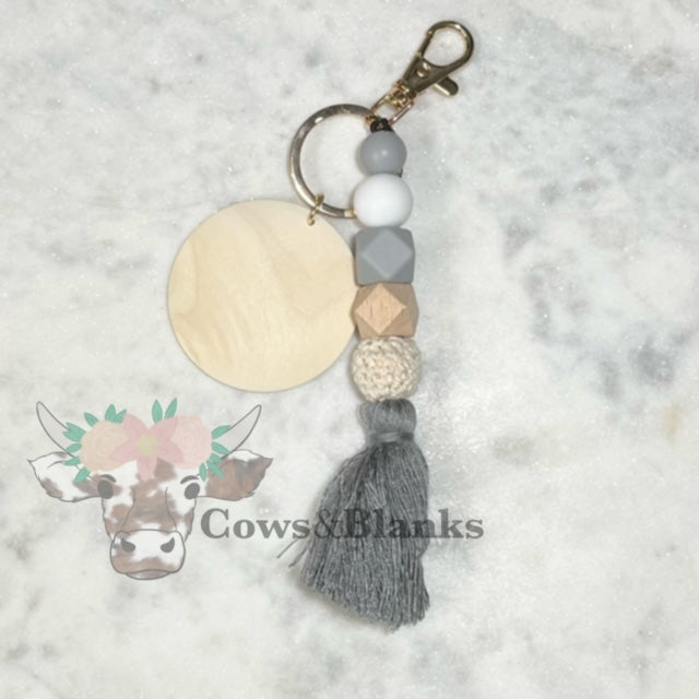 BOHO SILICONE BEADED MACRAME TASSEL KEYCHAIN WITH WOODEN DISC