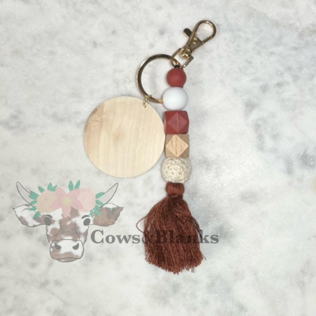 BOHO SILICONE BEADED MACRAME TASSEL KEYCHAIN WITH WOODEN DISC