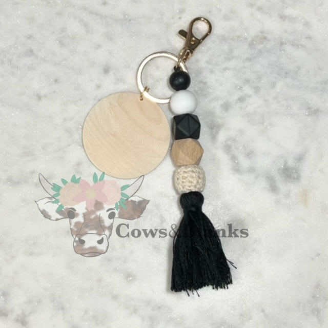 BOHO SILICONE BEADED MACRAME TASSEL KEYCHAIN WITH WOODEN DISC
