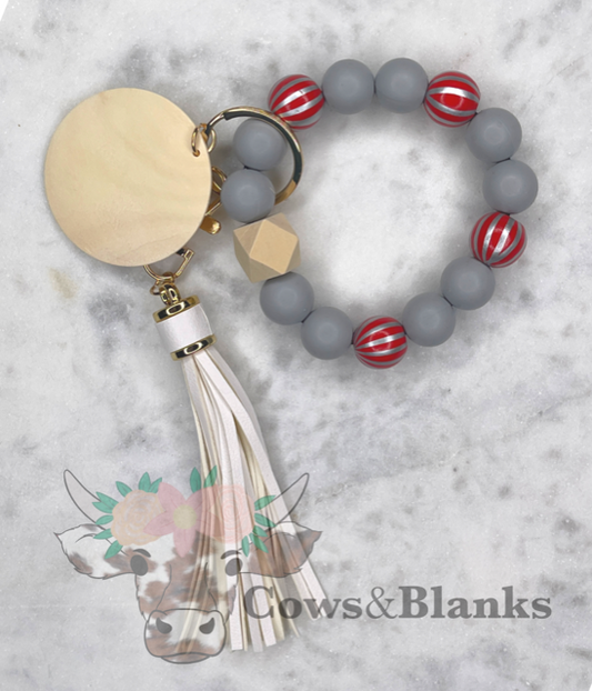 Christmas Red Ornament and Gray Silicone Wood Beaded Stretch Wristlet Bracelet Keychain with Wooden Disc and Tassel