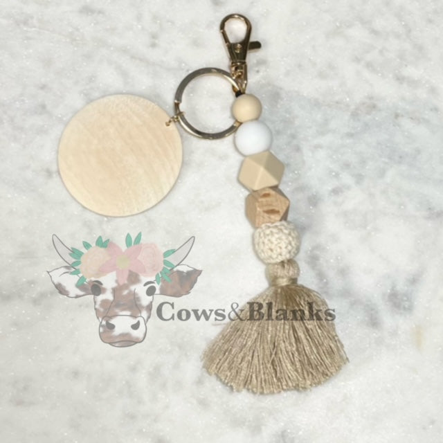 BOHO SILICONE BEADED MACRAME TASSEL KEYCHAIN WITH WOODEN DISC
