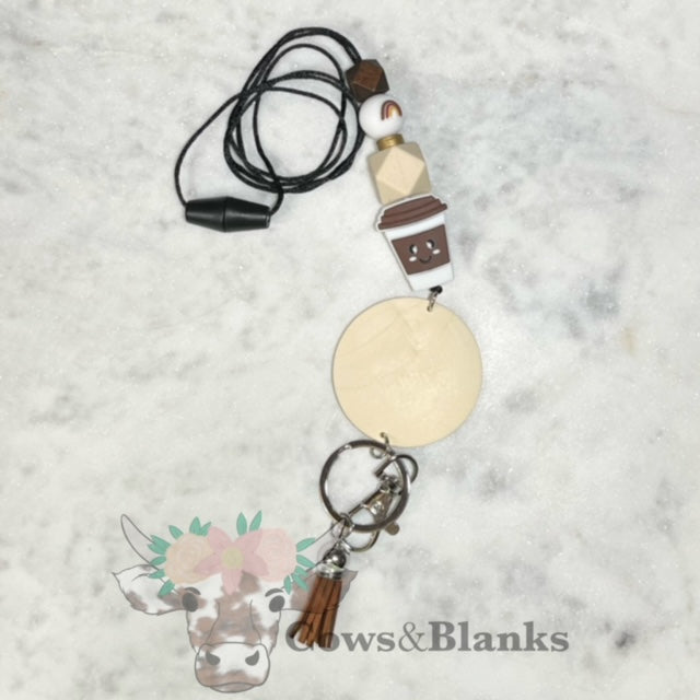 COFFEE LOVER SILICONE AND WOODEN BEAD BREAKAWAY TEACHER LANYARD ID BADGE HOLDER WITH TASSEL ANE DISC