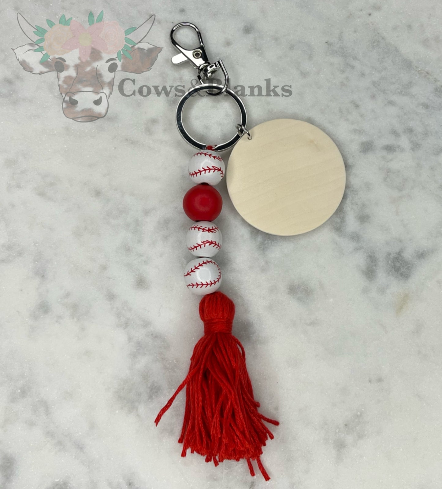 Sports: Baseball Wooden Tassel Keychain with Wooden Disc