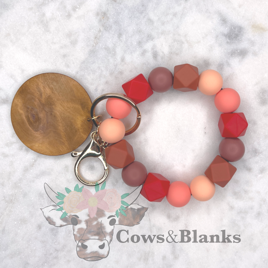 Sahara Sunset Silicone Stretch Wristlet Bracelet Keychain with Wooden Disc