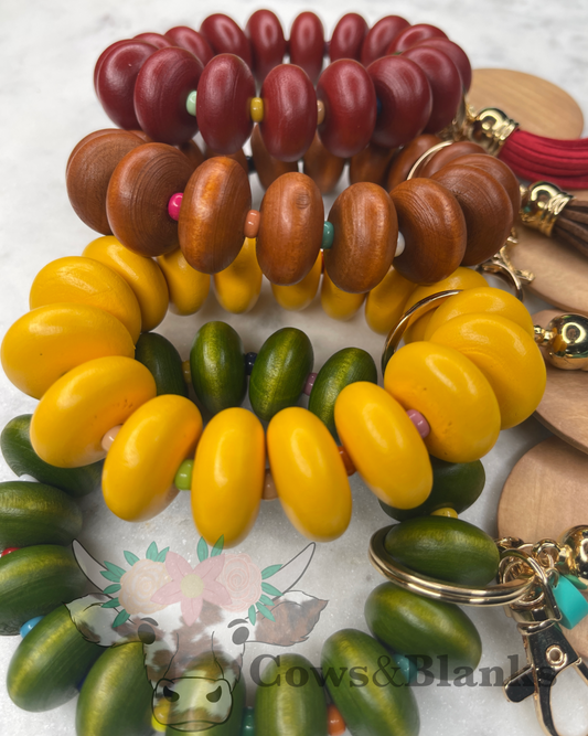 ABACUS COLORED BEADS WOODEN WRISTLET BRACELET KEYCHAIN WITH WOODEN DISC AND TASSEL