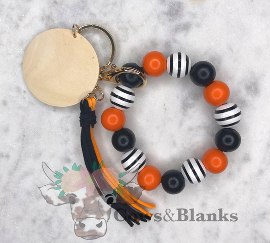 Halloween, Beetlejuice themed Wristlet Bracelet Keychain with Wooden Disc and Tassel