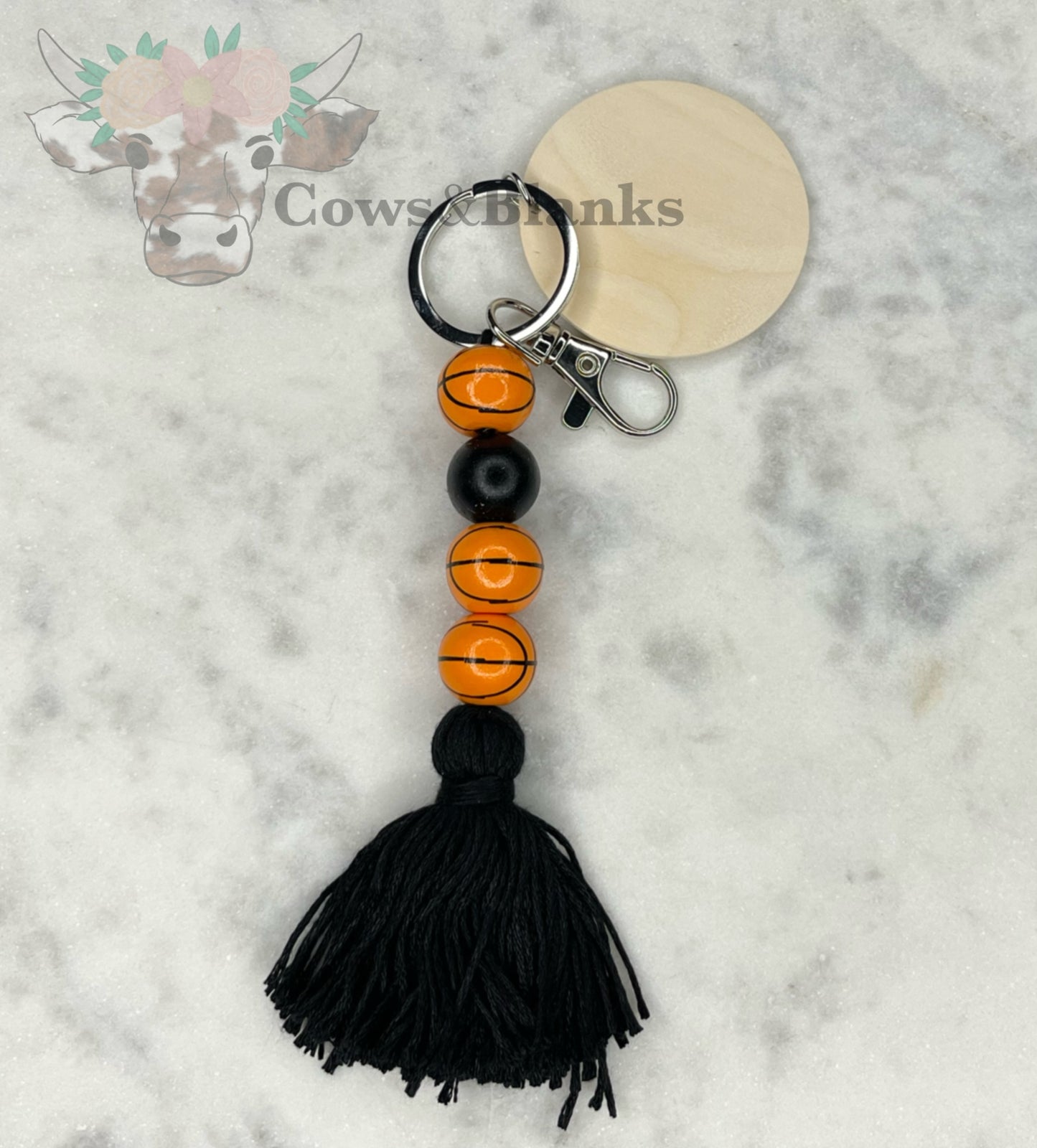 Sports: Basketball  Keychain with Wooden Disc
