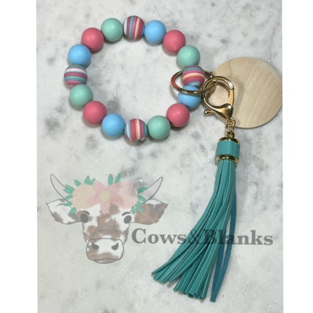 Easter Dyed Silicone Beaded Stretch Wristlet Bracelet Keychain with Wooden Disc and Tassel