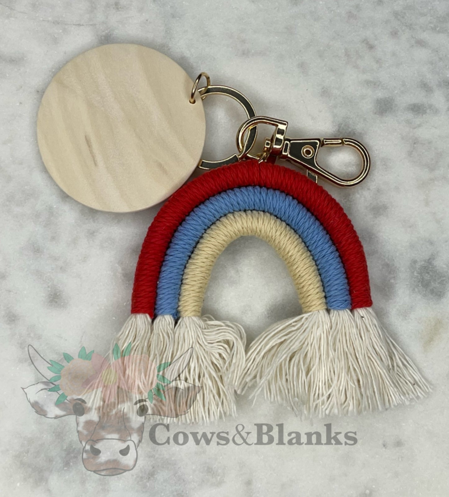 BOHO MACRAME RAINBOW KEYCHAINS WITH A WOODEN DISC