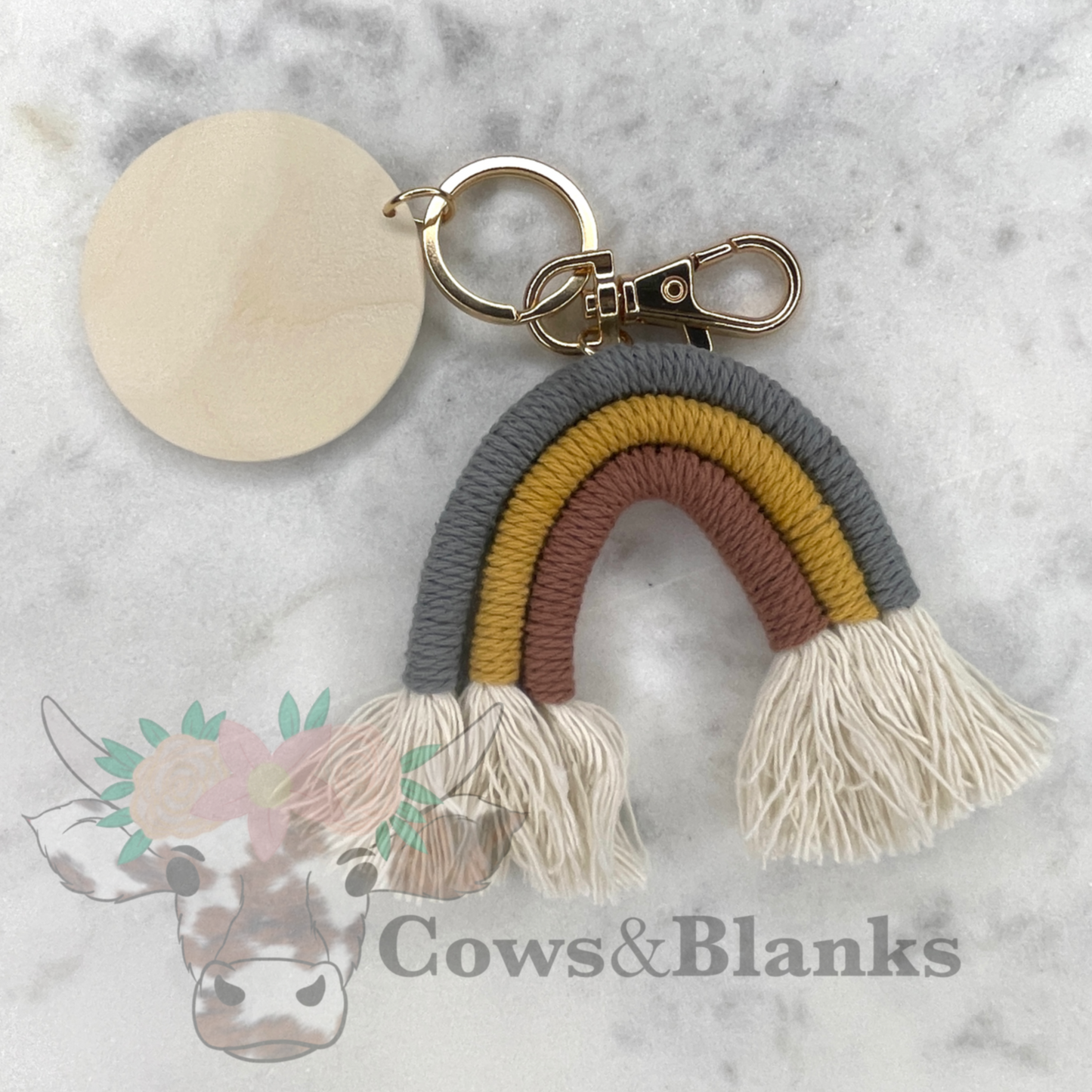 BOHO MACRAME RAINBOW KEYCHAINS WITH A WOODEN DISC