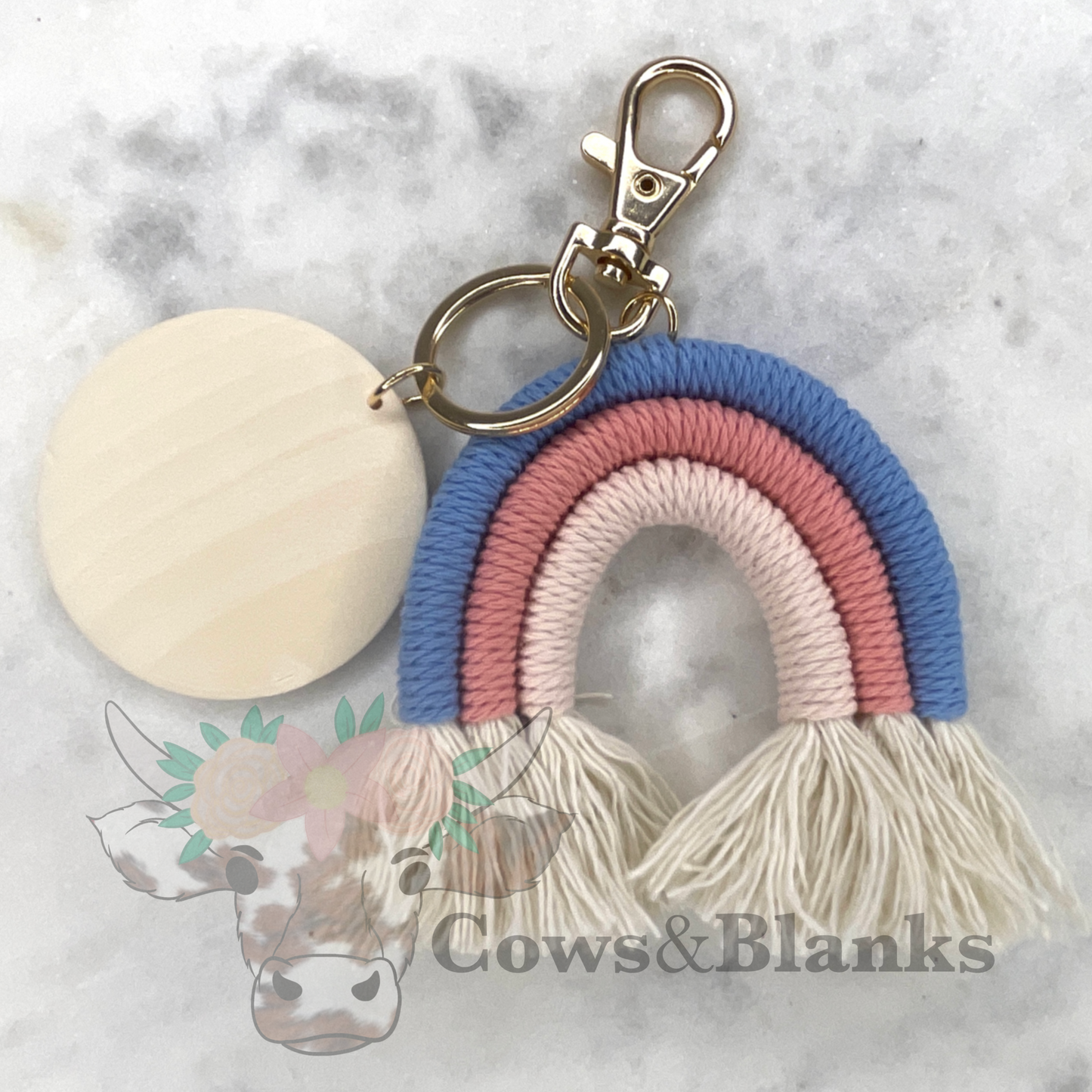 BOHO MACRAME RAINBOW KEYCHAINS WITH A WOODEN DISC